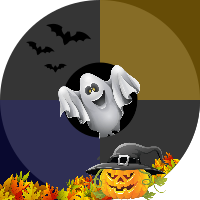 designs by mark company logo with Autumn leaves, pumpkin witch, ghost and bats